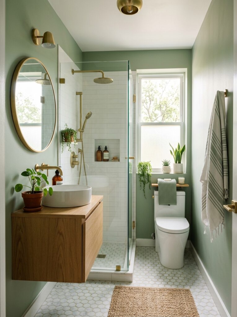 apartment bathroom in sage green 202605251128