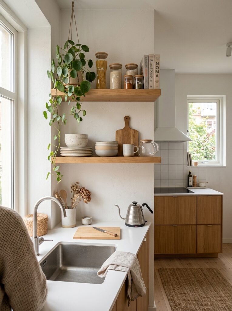 apartment kitchen with oak shelves 202605171517
