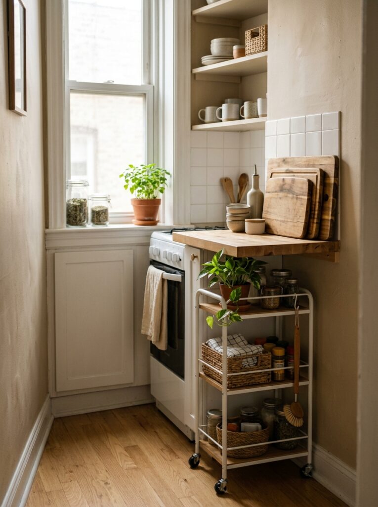 apartment kitchen with storage cart 202605171523