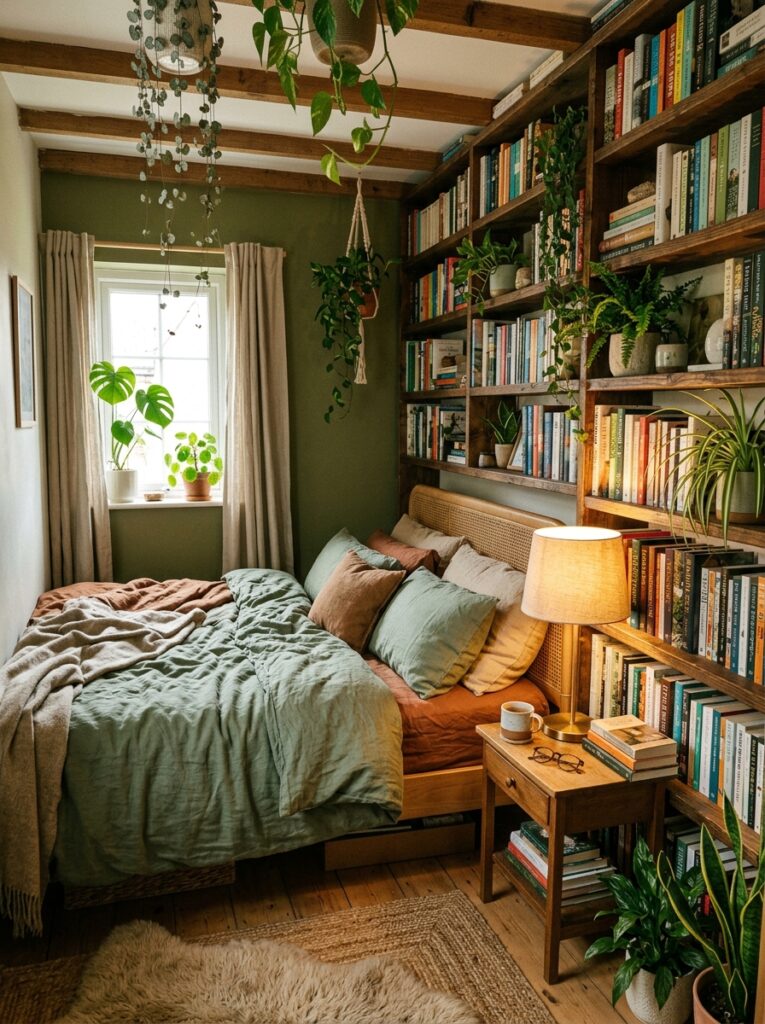 bedroom with bookshelf and plants 202605231528
