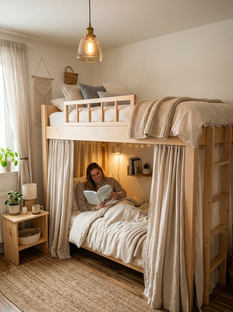 bunk bed with curtain panels 202605221445
