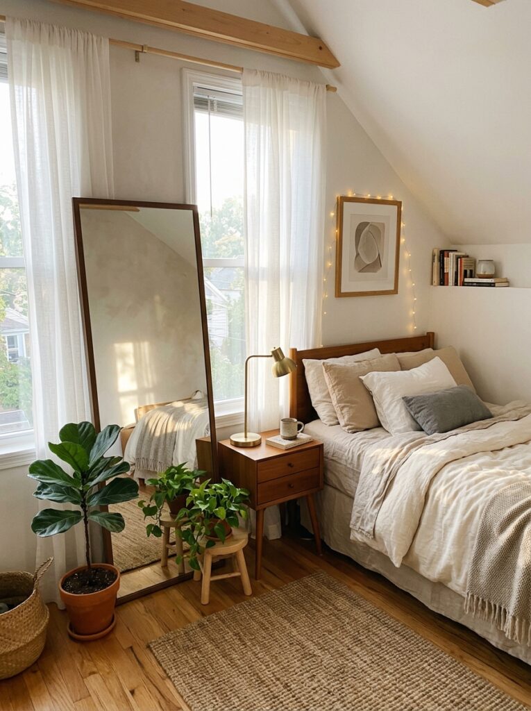 cozy bedroom with standing mirror 202605221412