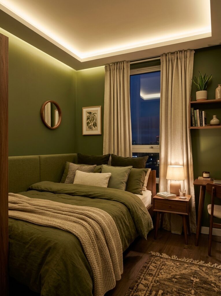 green bedroom with led lights 202605231532