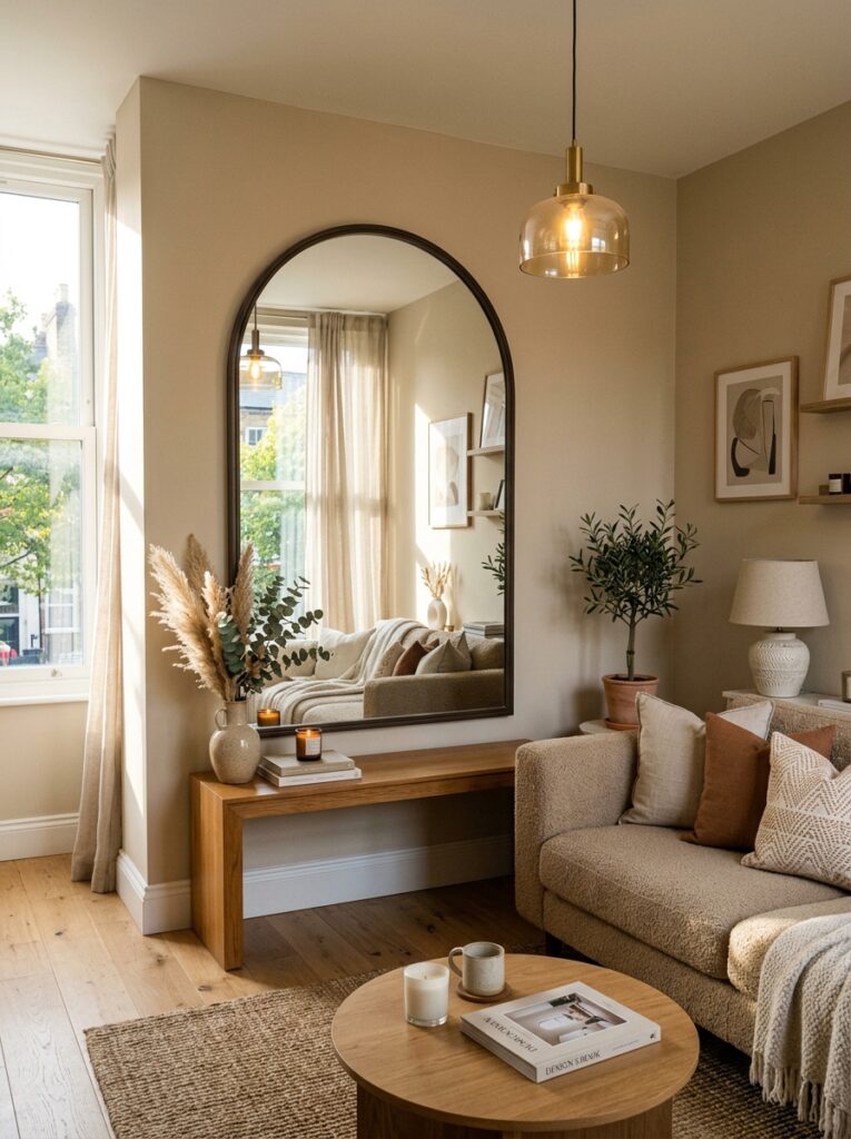 living room with arched mirror 202605162142