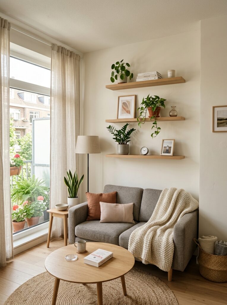 living room with floating shelves 202605162150