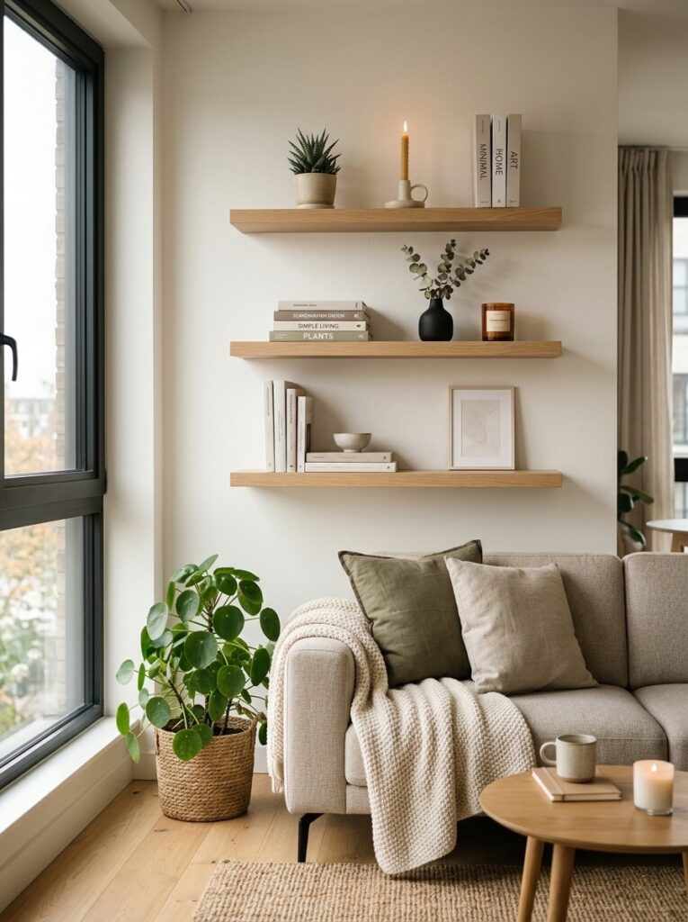 living room with floating shelves 202605201447