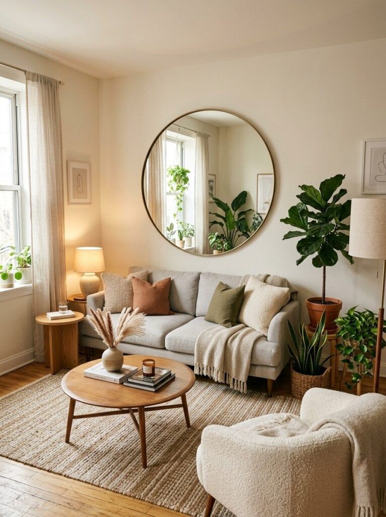 living room with round mirror 202605201446