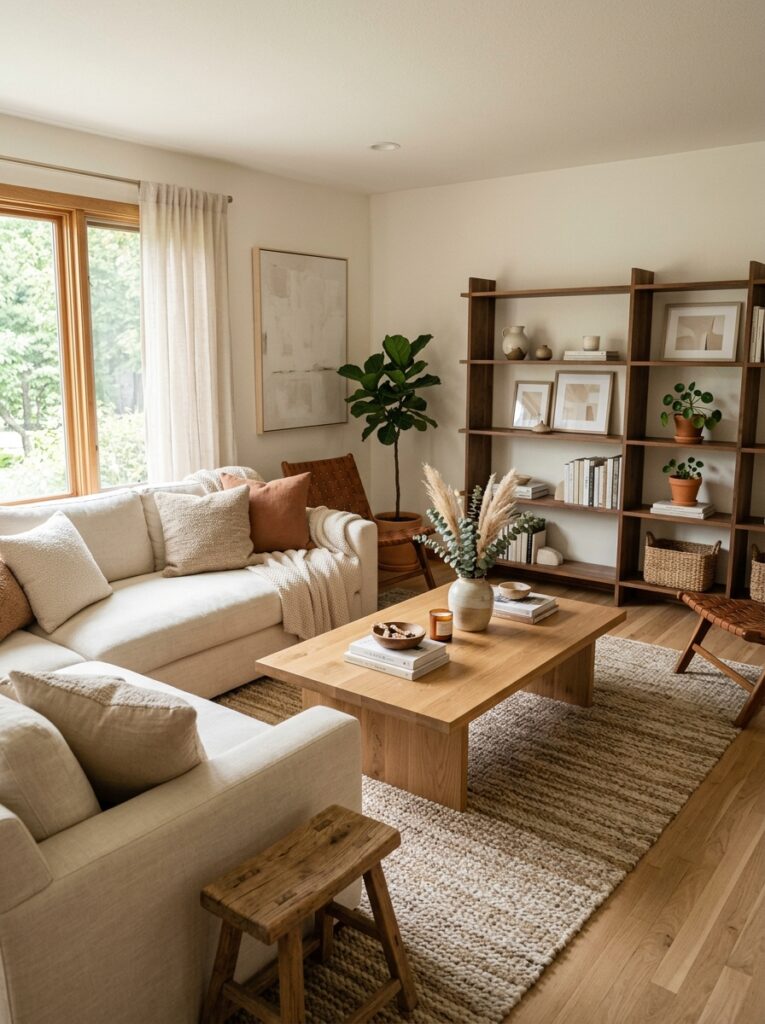 living room with wood furniture 202605152305