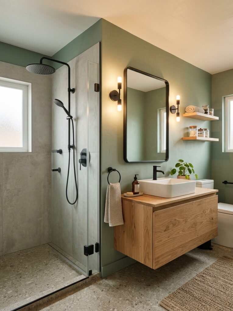 sage green bathroom with black 202605251138
