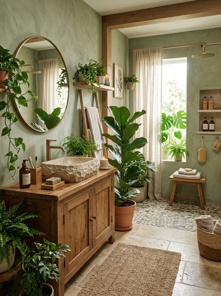 sage green bathroom with plants 202605251131