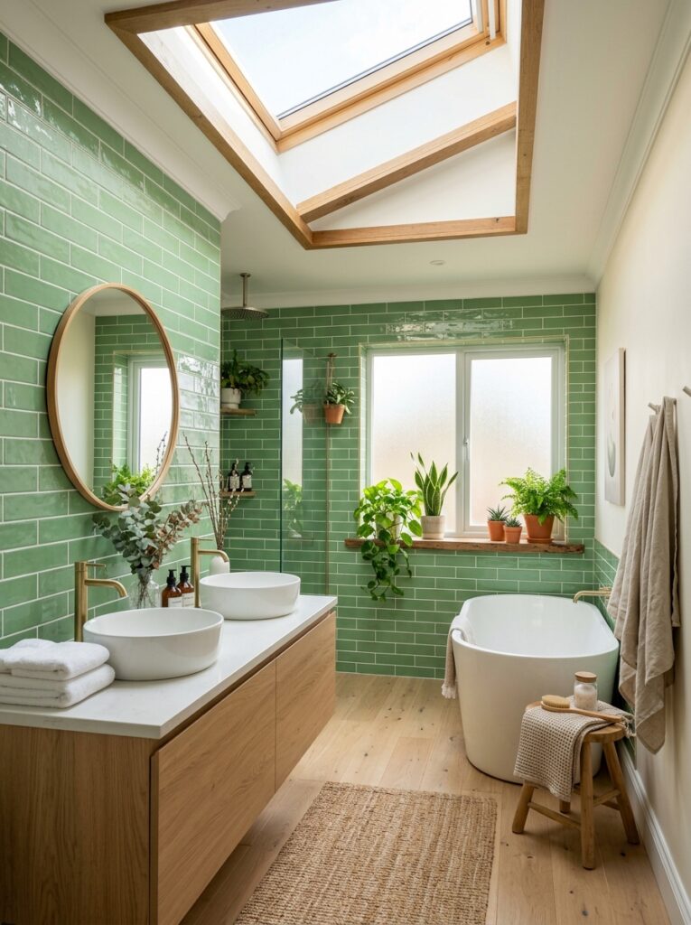 sage green bathroom with skylight 202605251136