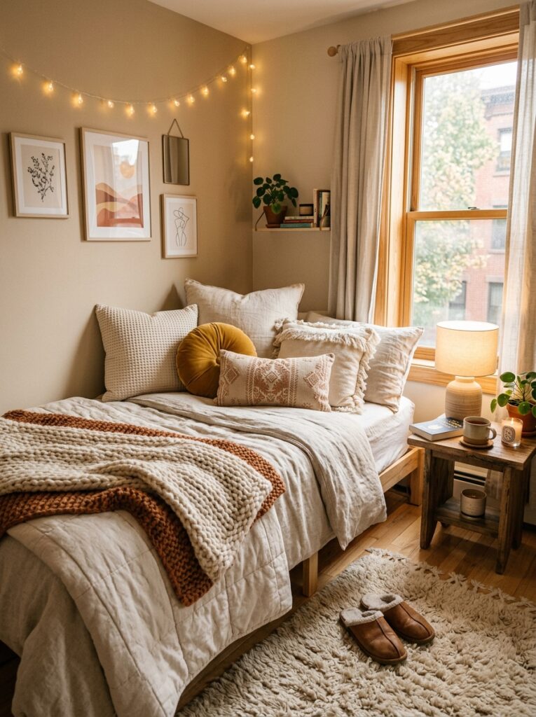 small bedroom with layered blankets 202605221419