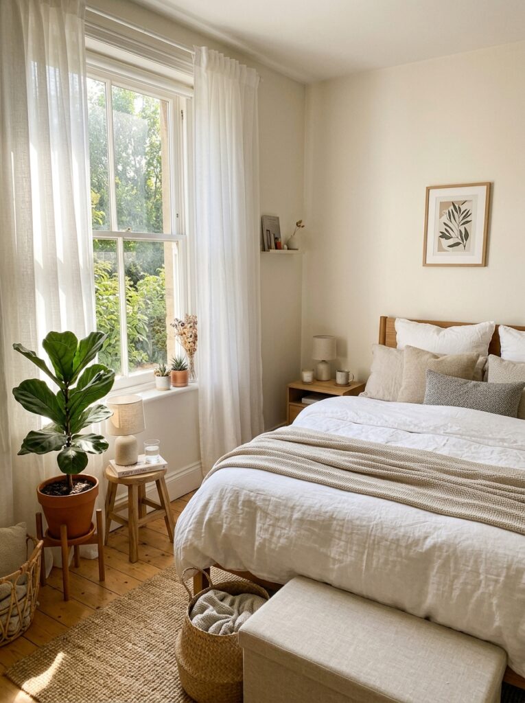 small bright bedroom with sheer 202605221424