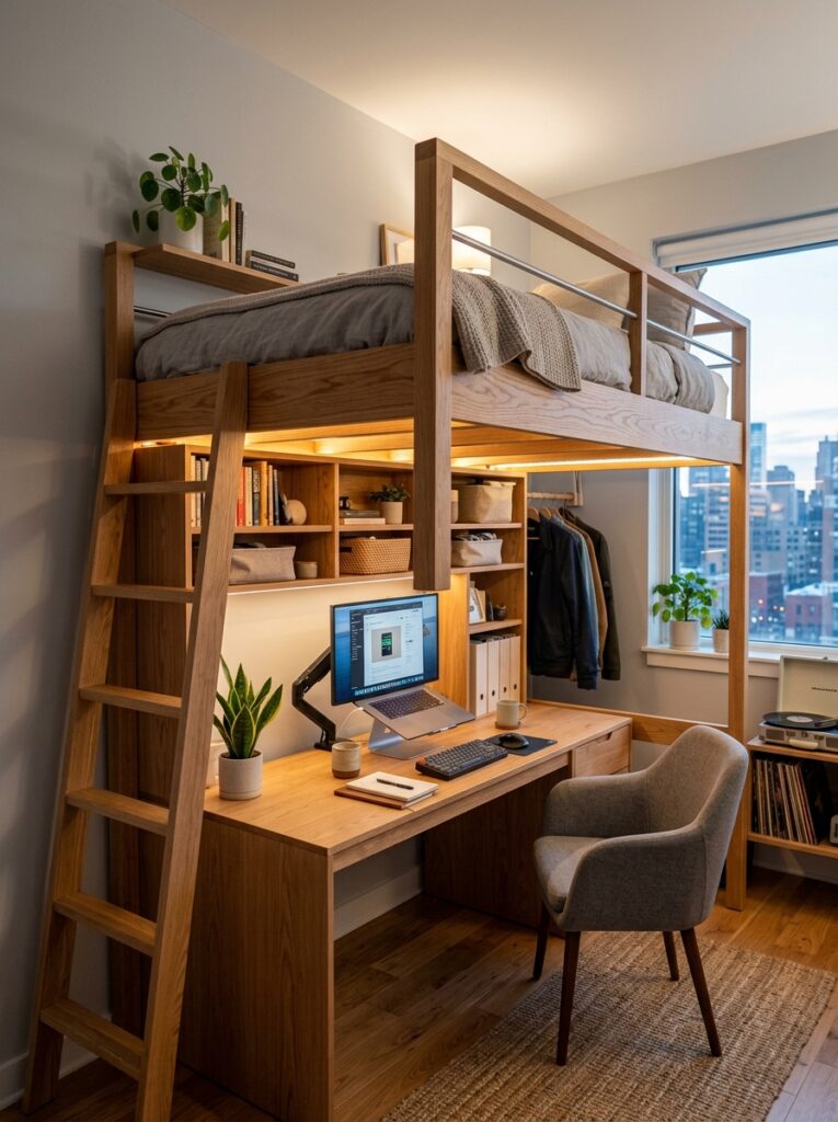 tiny apartment loft bed desk 202605271442