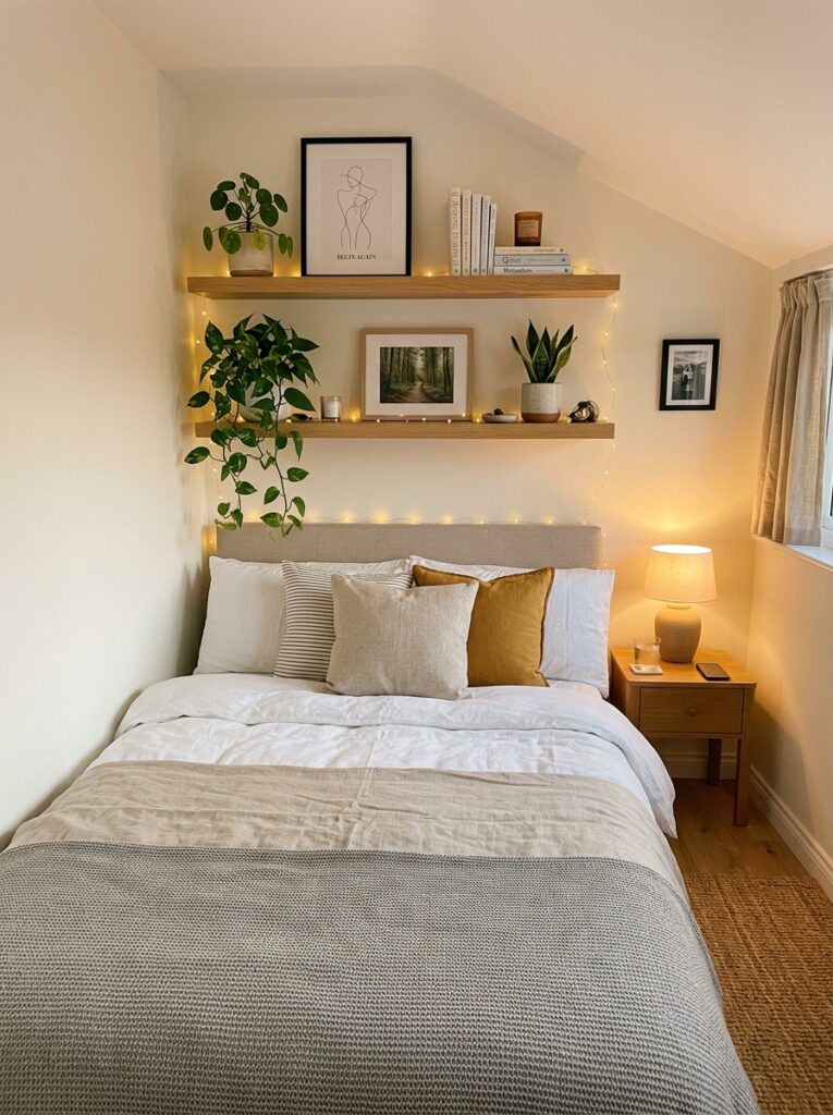 tiny bedroom with floating shelves 202605221410