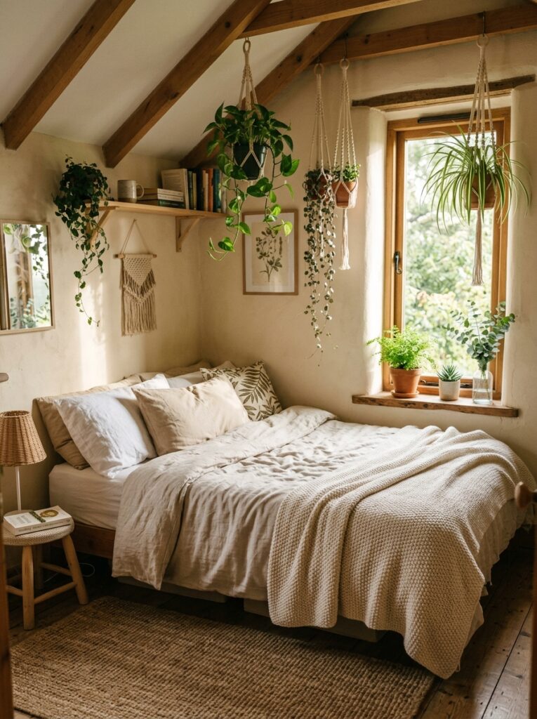 tiny bedroom with hanging plants 202605221418