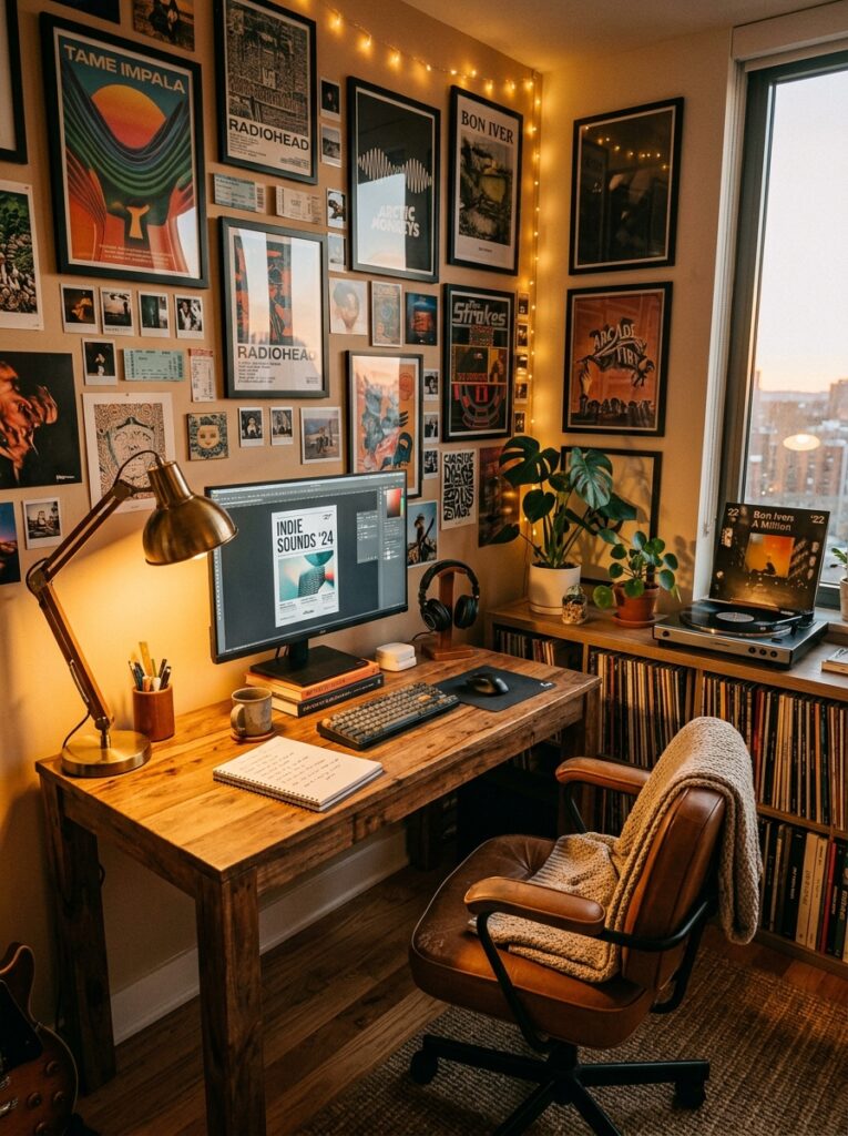 workspace with music posters rec… 202605261114