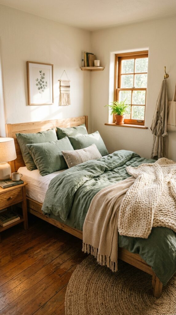 bedroom with sage green bedding 202606021459