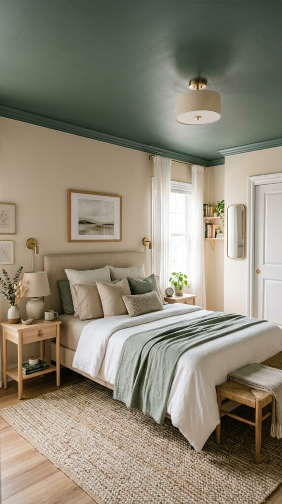 bedroom with sage green ceiling 202606021507