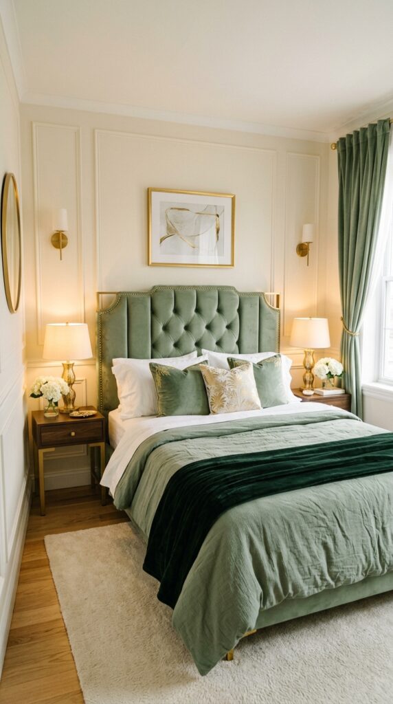 bedroom with sage green headboard 202606021504