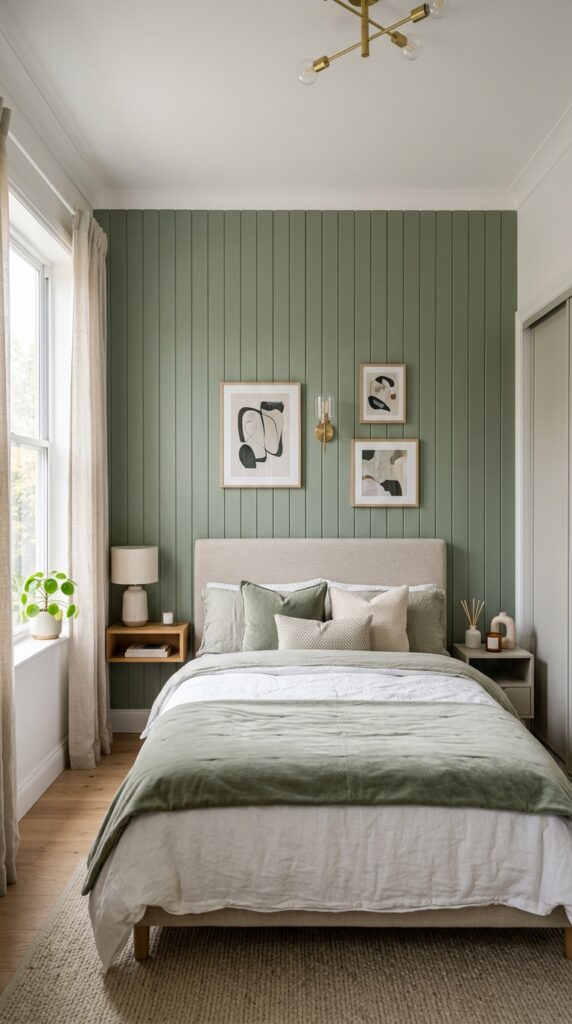 bedroom with sage green panels 202606021501