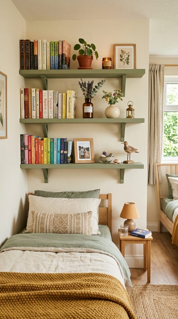 bedroom with sage green shelves 202606021502