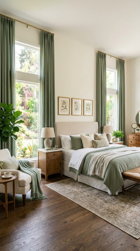 elegant bedroom with green curtains 202606021507