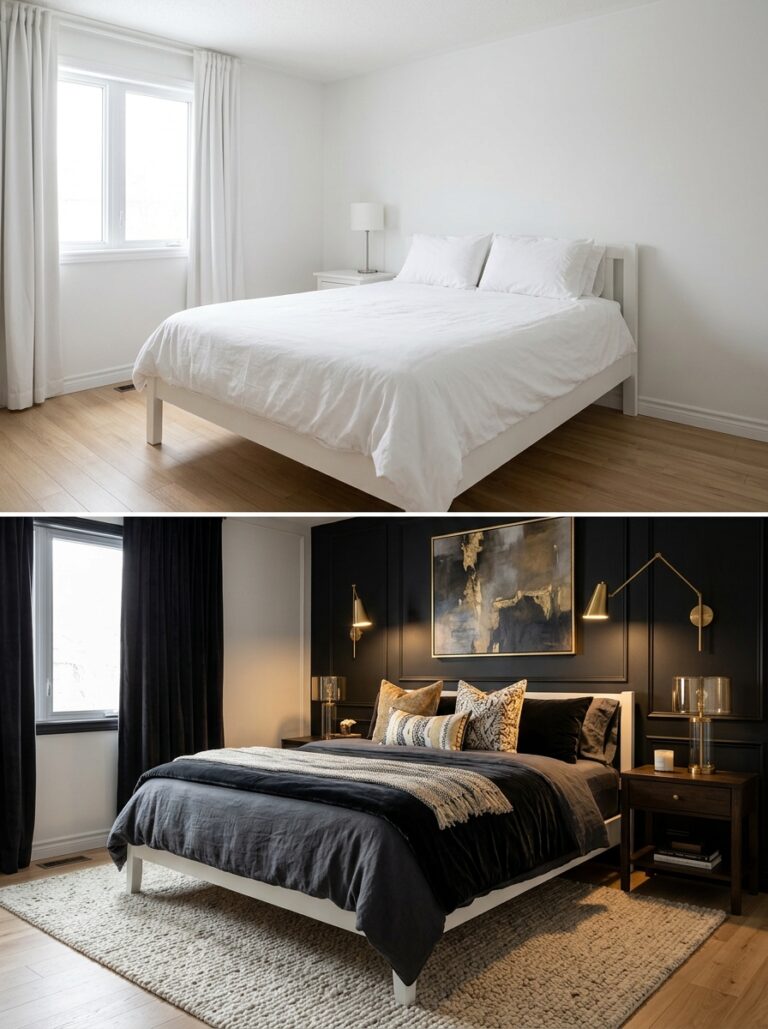 white bedroom black accent wall 202606101435